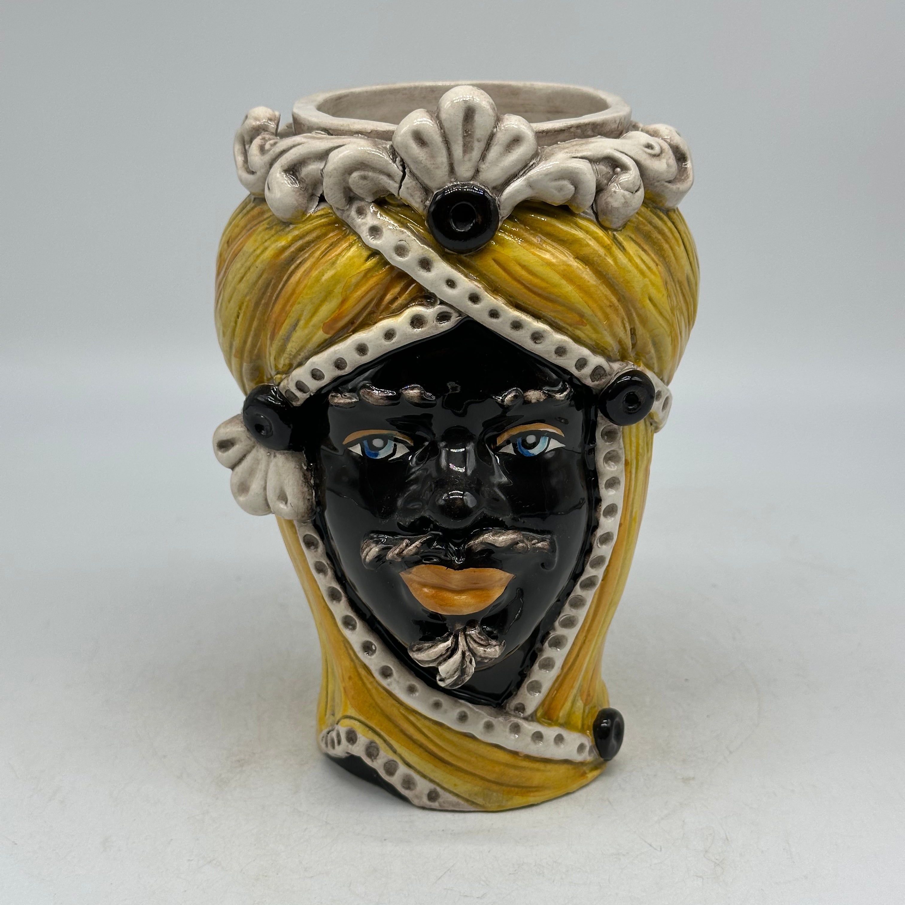 Teste di Moro Moresca Ceramica Caltagirone cm H.20 L.12 Artigianale Turbante Ocra - Uomo - TESTE DI MORO