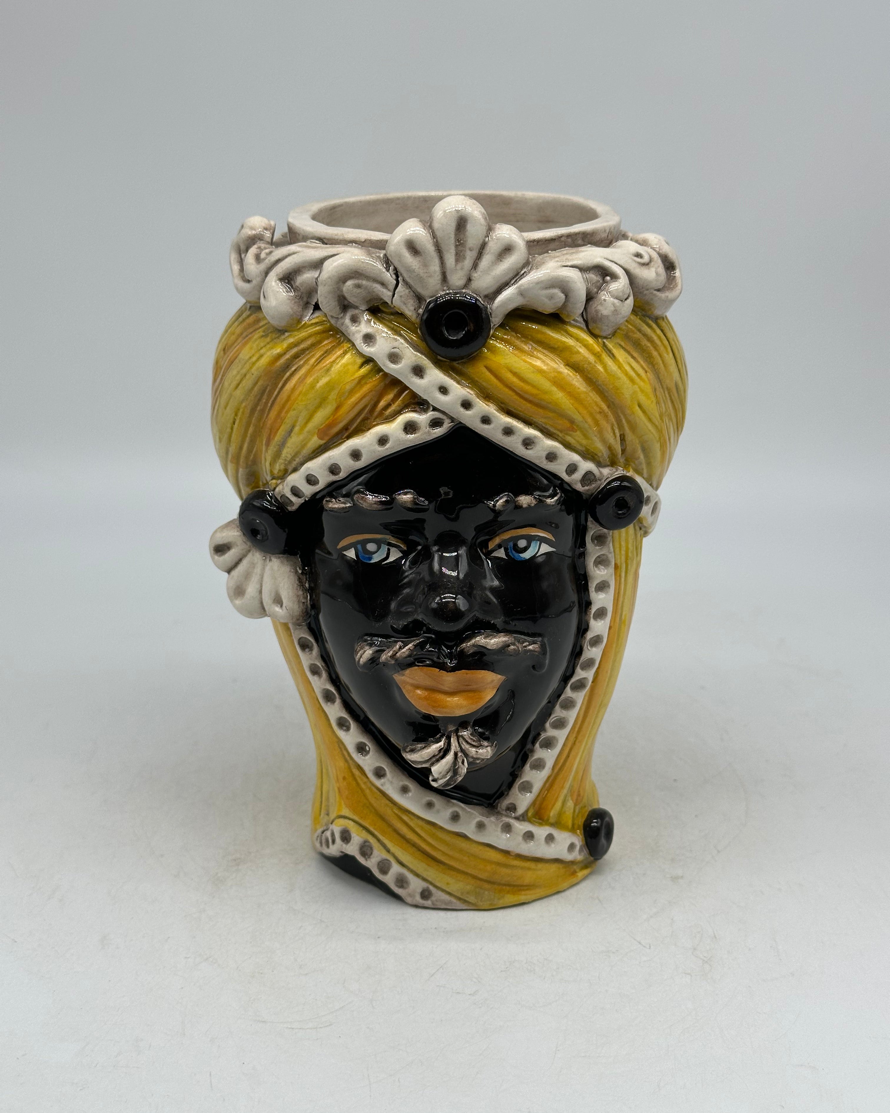 Teste di Moro Moresca Ceramica Caltagirone cm H.20 L.12 Artigianale Turbante Ocra - Uomo - TESTE DI MORO
