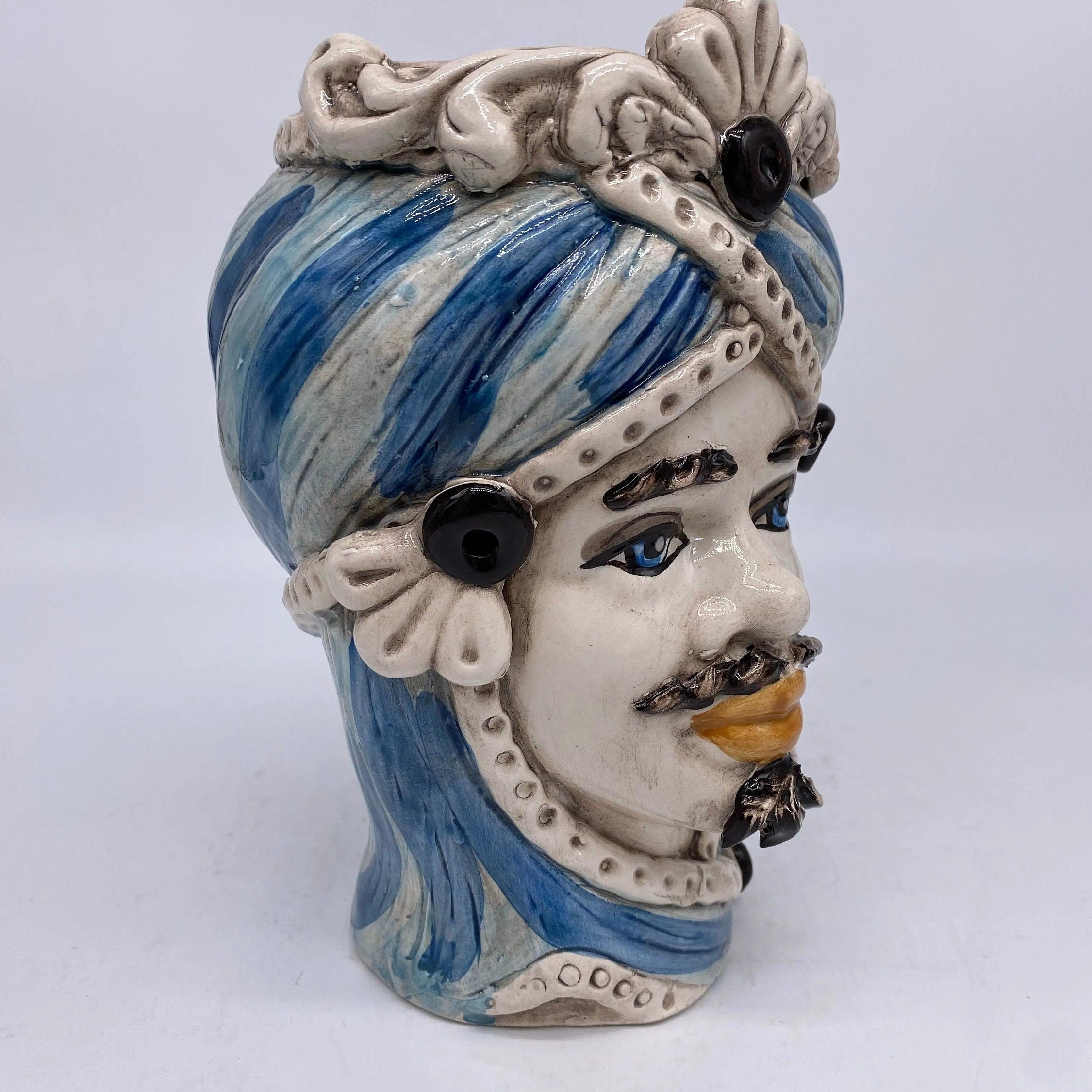 Teste di Moro Moresca Ceramica Caltagirone cm H.20 L.12 Artigianale Turbante Azzurro DD CERAMICHE SICILIANE