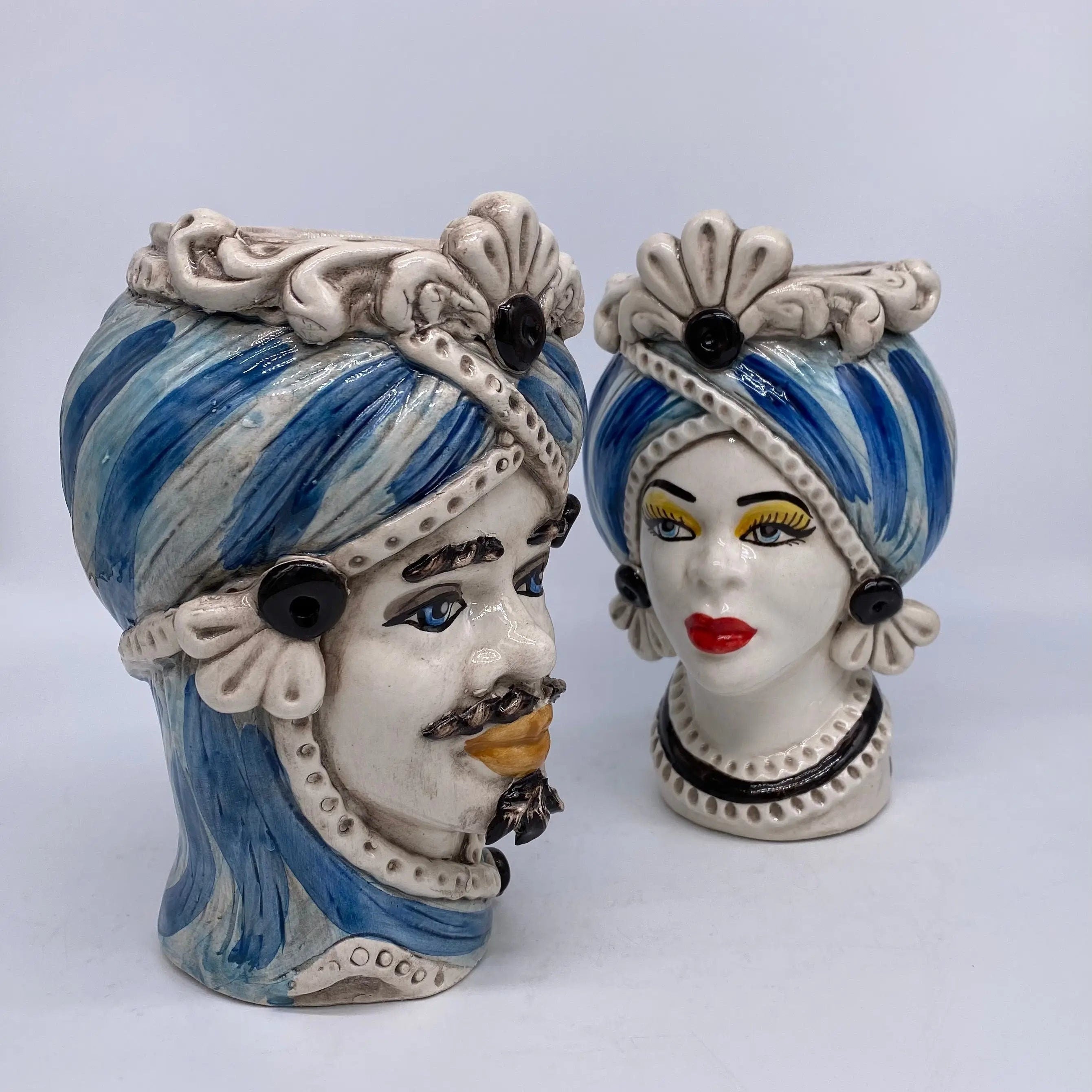 Teste di Moro Moresca Ceramica Caltagirone cm H.20 L.12 Artigianale Turbante Azzurro DD CERAMICHE SICILIANE