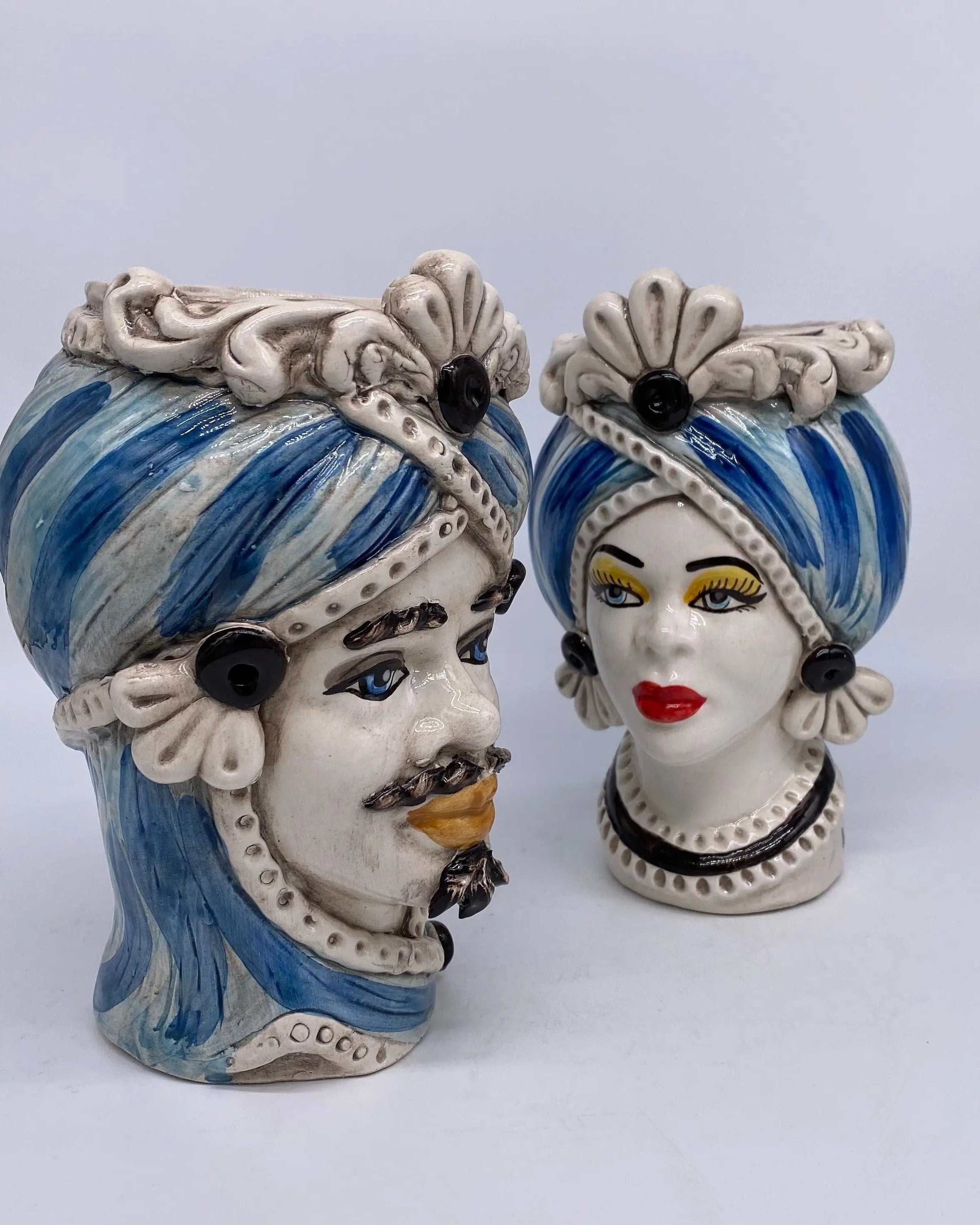 Teste di Moro Moresca Ceramica Caltagirone cm H.20 L.12 Artigianale Turbante Azzurro DD CERAMICHE SICILIANE