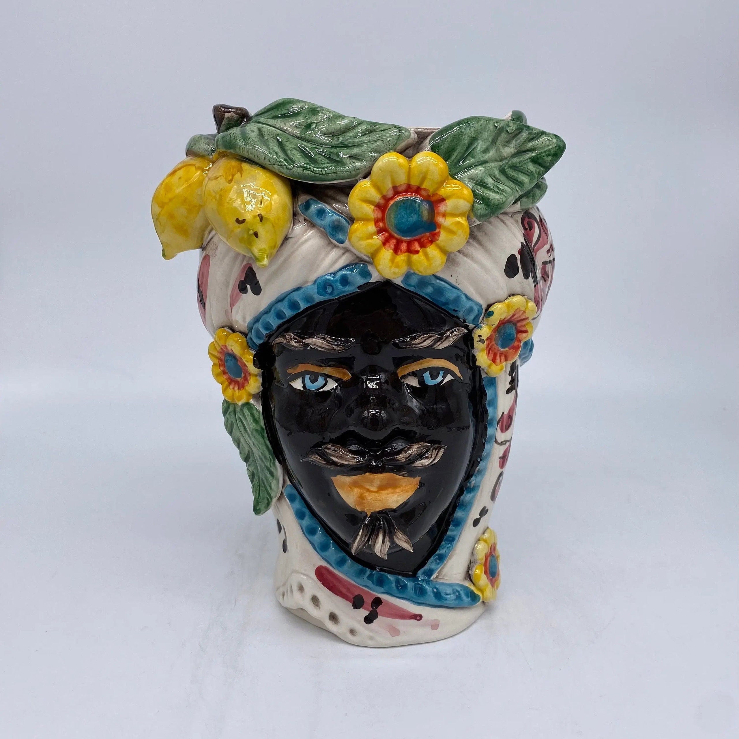 Teste di Moro Moresca Ceramica Caltagirone cm H.20 L.12 Artigianale Turbante Barocco Fiori Limoni DD CERAMICHE SICILIANE