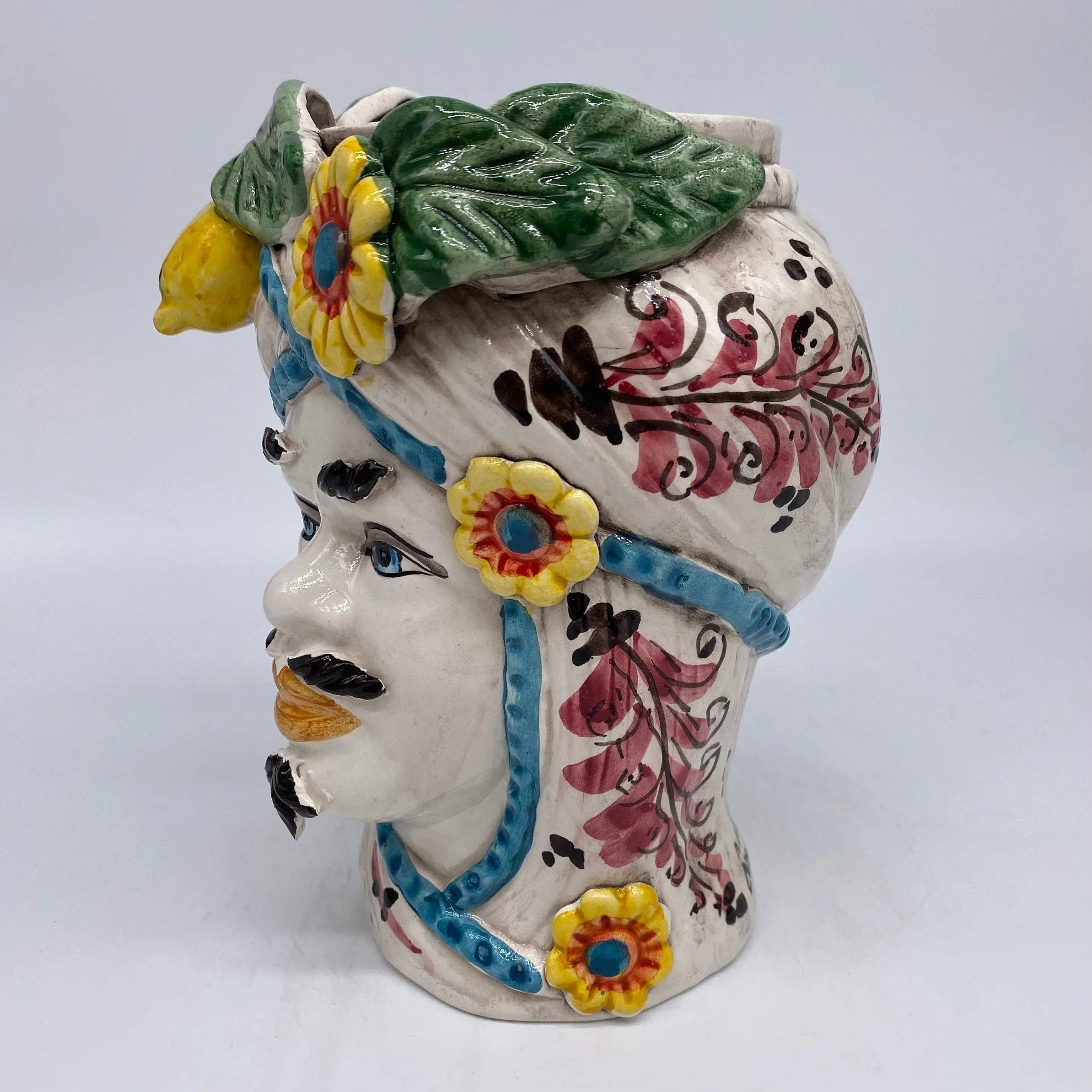 Teste di Moro Moresca Ceramica Caltagirone cm H.20 L.12 Artigianale Turbante Barocco Fiori Limoni DD CERAMICHE SICILIANE