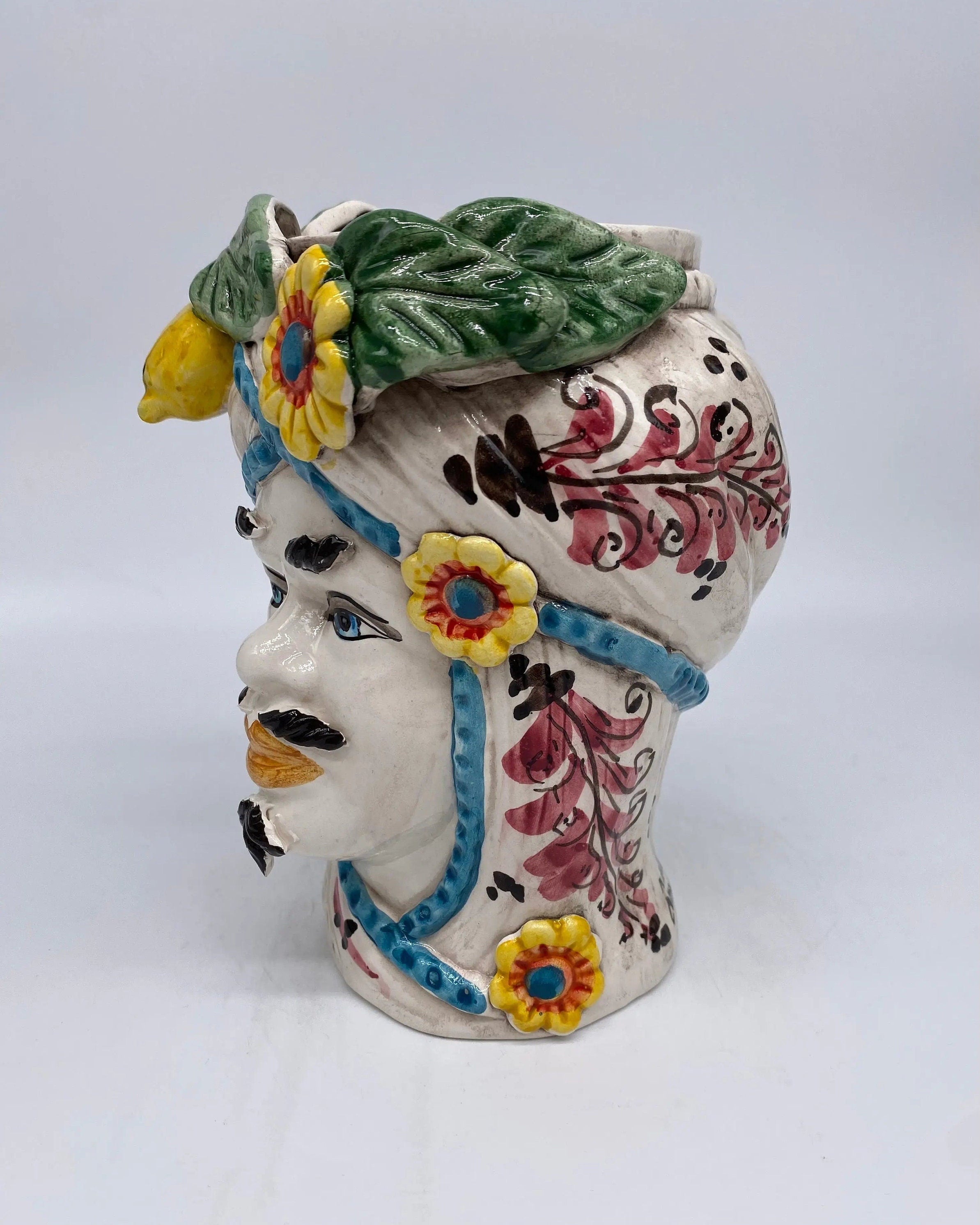 Teste di Moro Moresca Ceramica Caltagirone cm H.20 L.12 Artigianale Turbante Barocco Fiori Limoni DD CERAMICHE SICILIANE