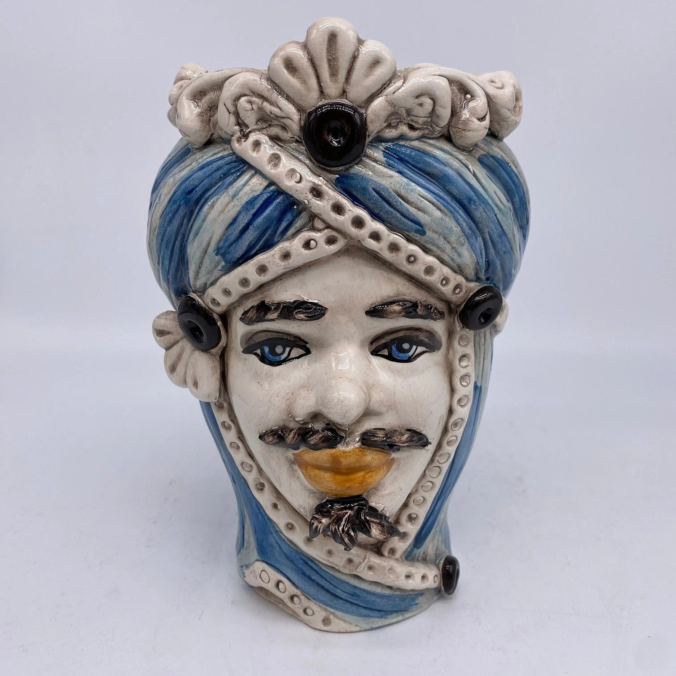 Teste di Moro Moresca Ceramica Caltagirone cm H.20 L.12 Artigianale Turbante Azzurro DD CERAMICHE SICILIANE