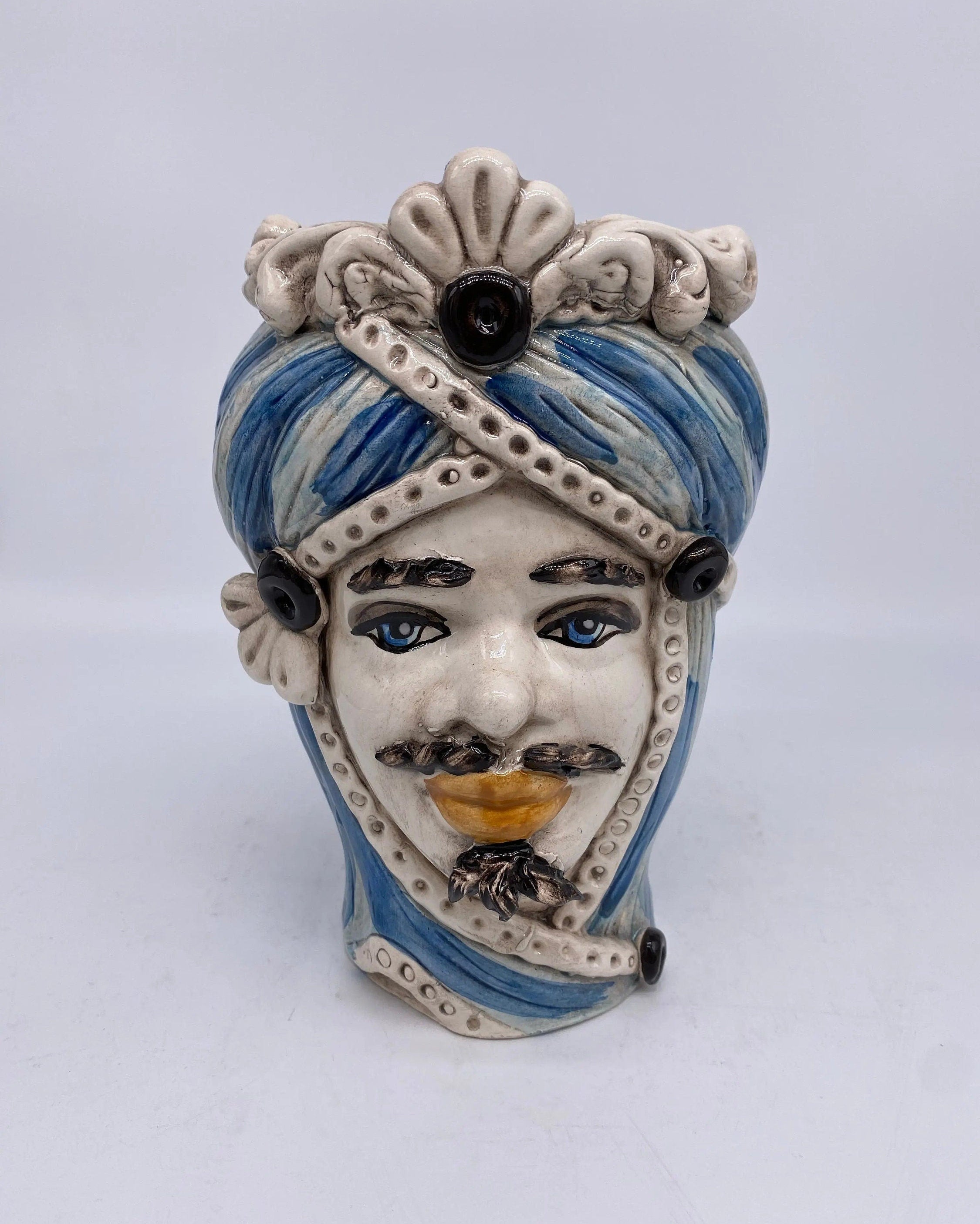 Teste di Moro Moresca Ceramica Caltagirone cm H.20 L.12 Artigianale Turbante Azzurro DD CERAMICHE SICILIANE