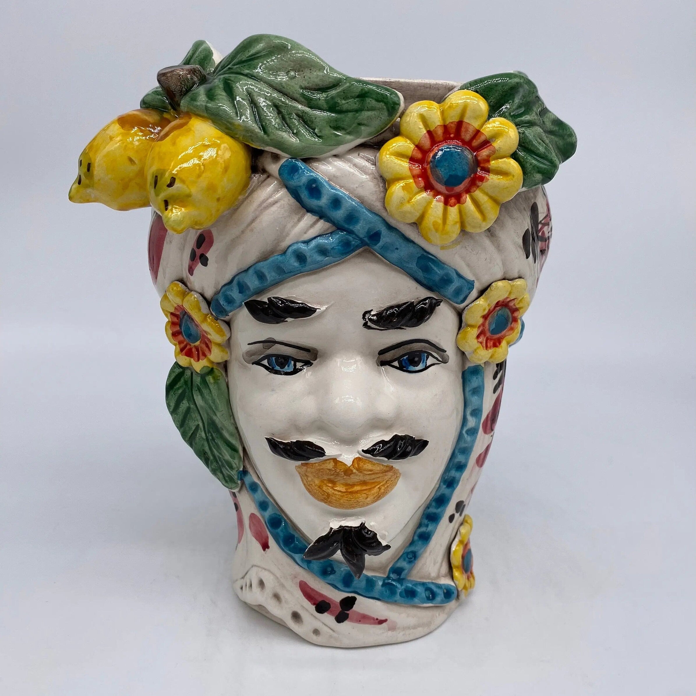 Teste di Moro Moresca Ceramica Caltagirone cm H.20 L.12 Artigianale Turbante Barocco Fiori Limoni DD CERAMICHE SICILIANE