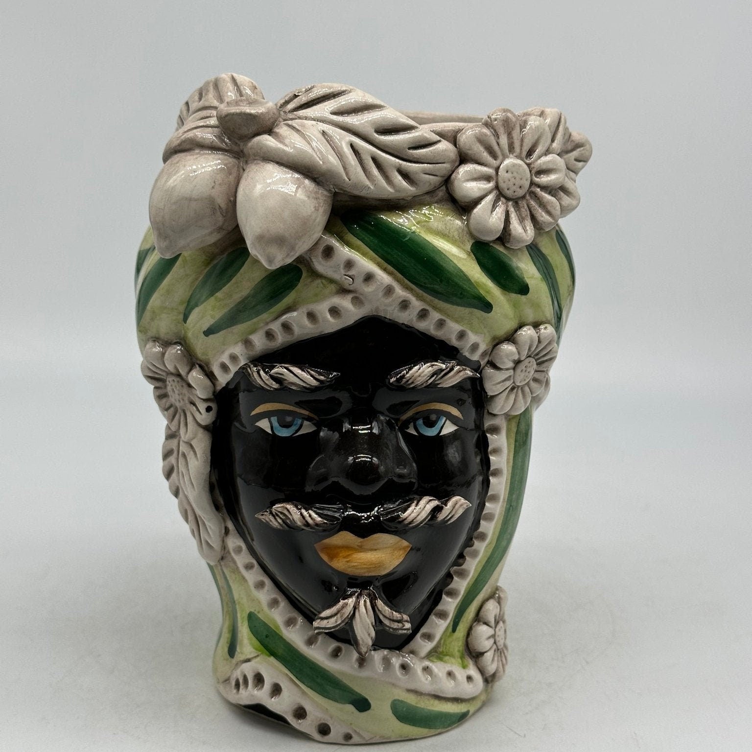 Teste di Moro Moresca Ceramica Caltagirone cm H.22 L.13 Artigianale Turbante Verde - DD CERAMICHE SICILIANE