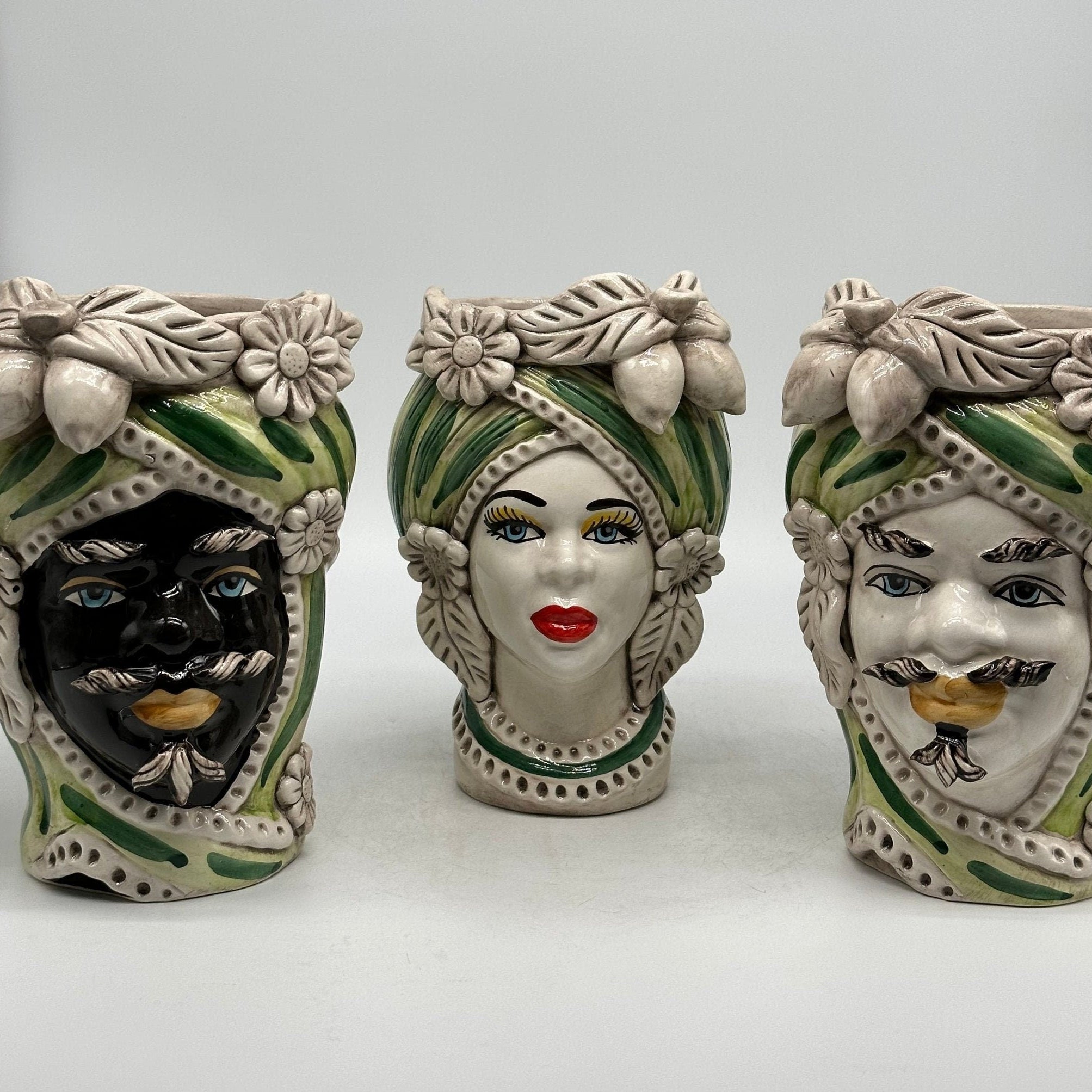 Teste di Moro Moresca Ceramica Caltagirone cm H.22 L.13 Artigianale Turbante Verde - DD CERAMICHE SICILIANE