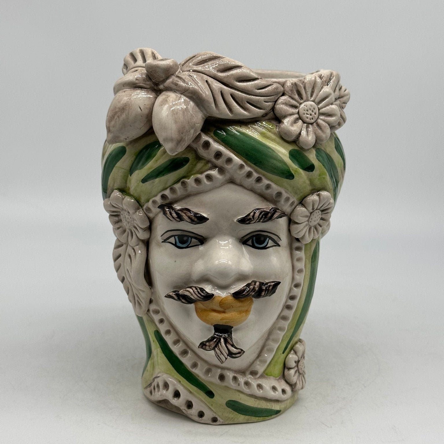 Teste di Moro Moresca Ceramica Caltagirone cm H.22 L.13 Artigianale Turbante Verde - DD CERAMICHE SICILIANE