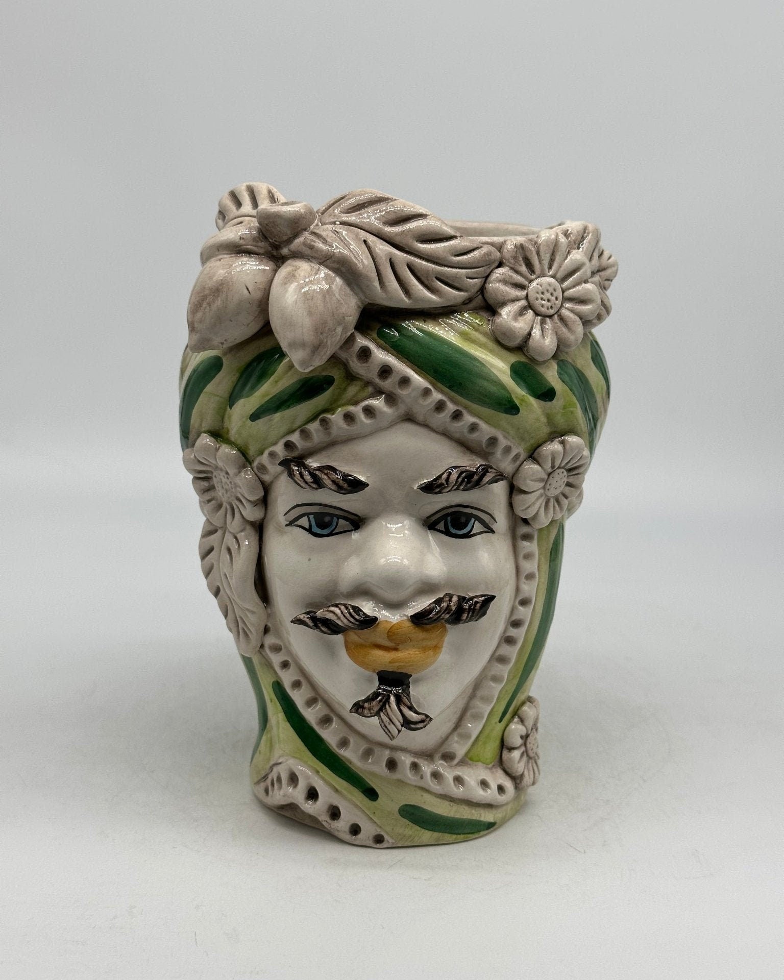 Teste di Moro Moresca Ceramica Caltagirone cm H.22 L.13 Artigianale Turbante Verde - DD CERAMICHE SICILIANE