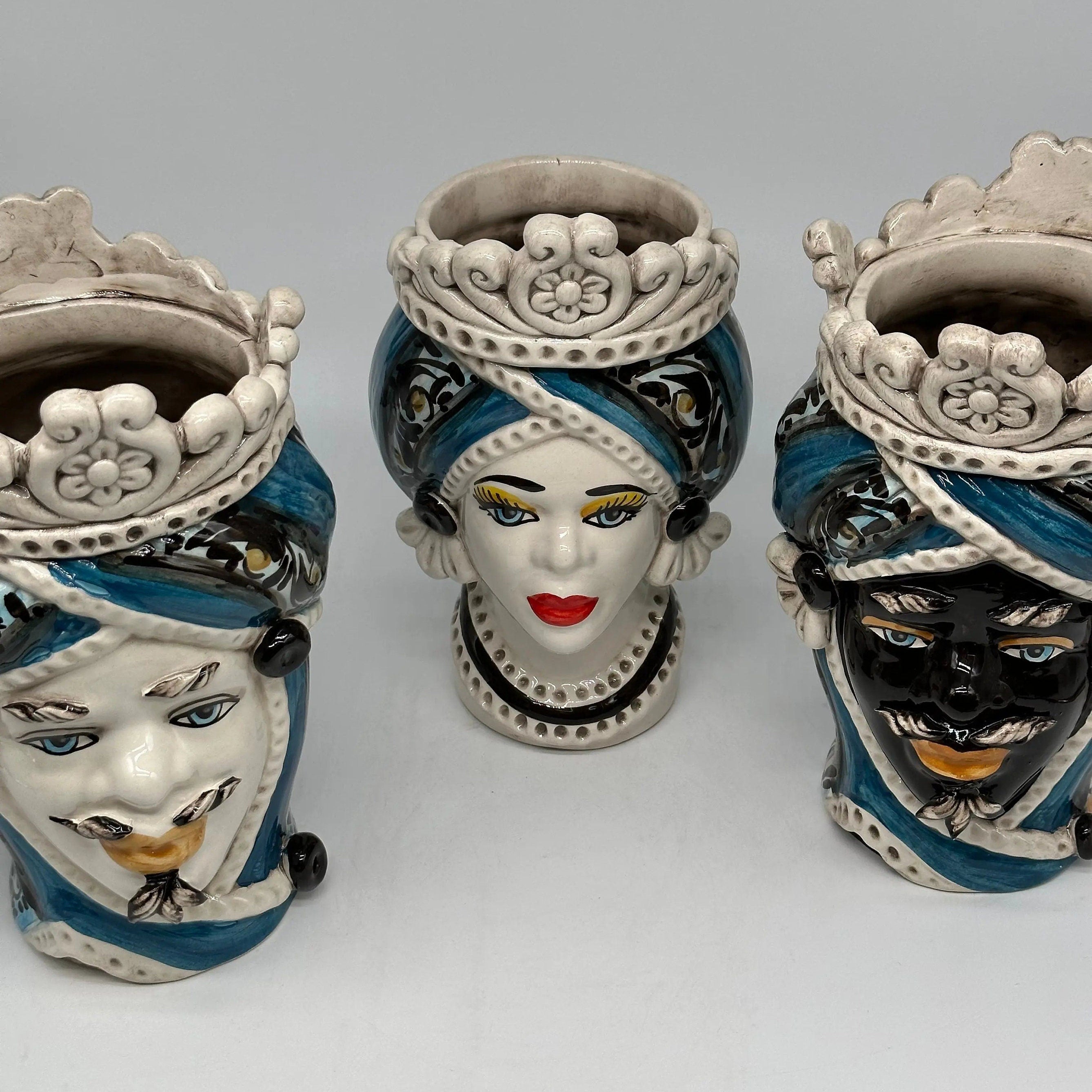 Teste di Moro Moresca Ceramica Caltagirone cm H.22 L.13 Artigianale Decorazione 2020 Blu DD CERAMICHE SICILIANE