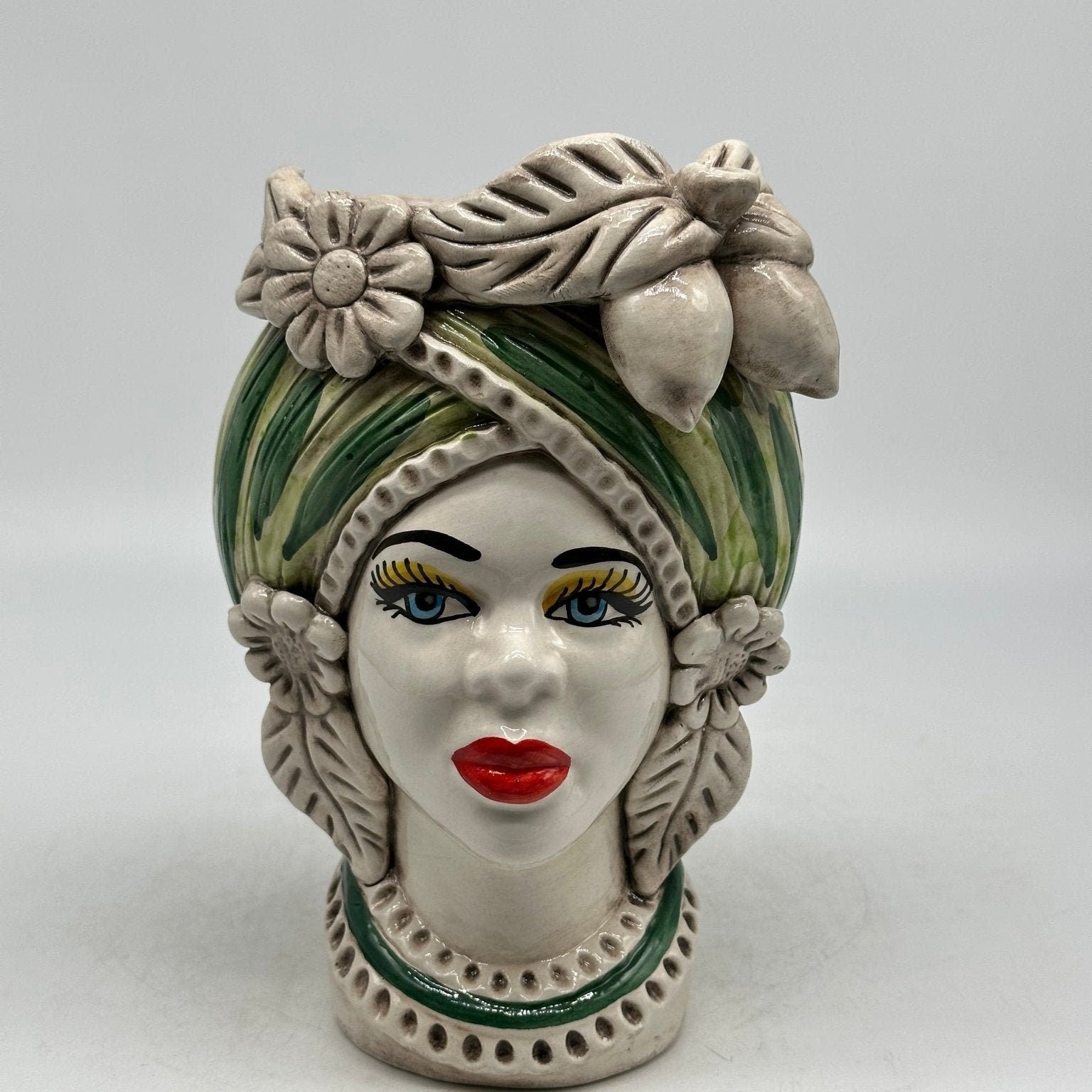 Teste di Moro Moresca Ceramica Caltagirone cm H.22 L.13 Artigianale Turbante Verde - DD CERAMICHE SICILIANE
