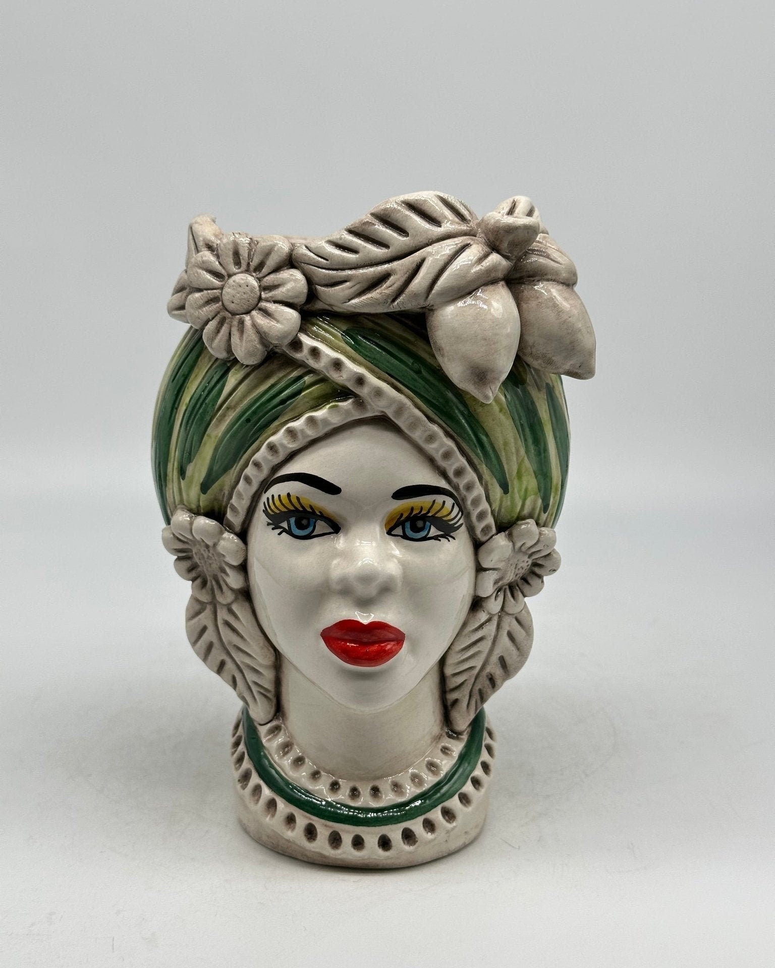 Teste di Moro Moresca Ceramica Caltagirone cm H.22 L.13 Artigianale Turbante Verde - DD CERAMICHE SICILIANE