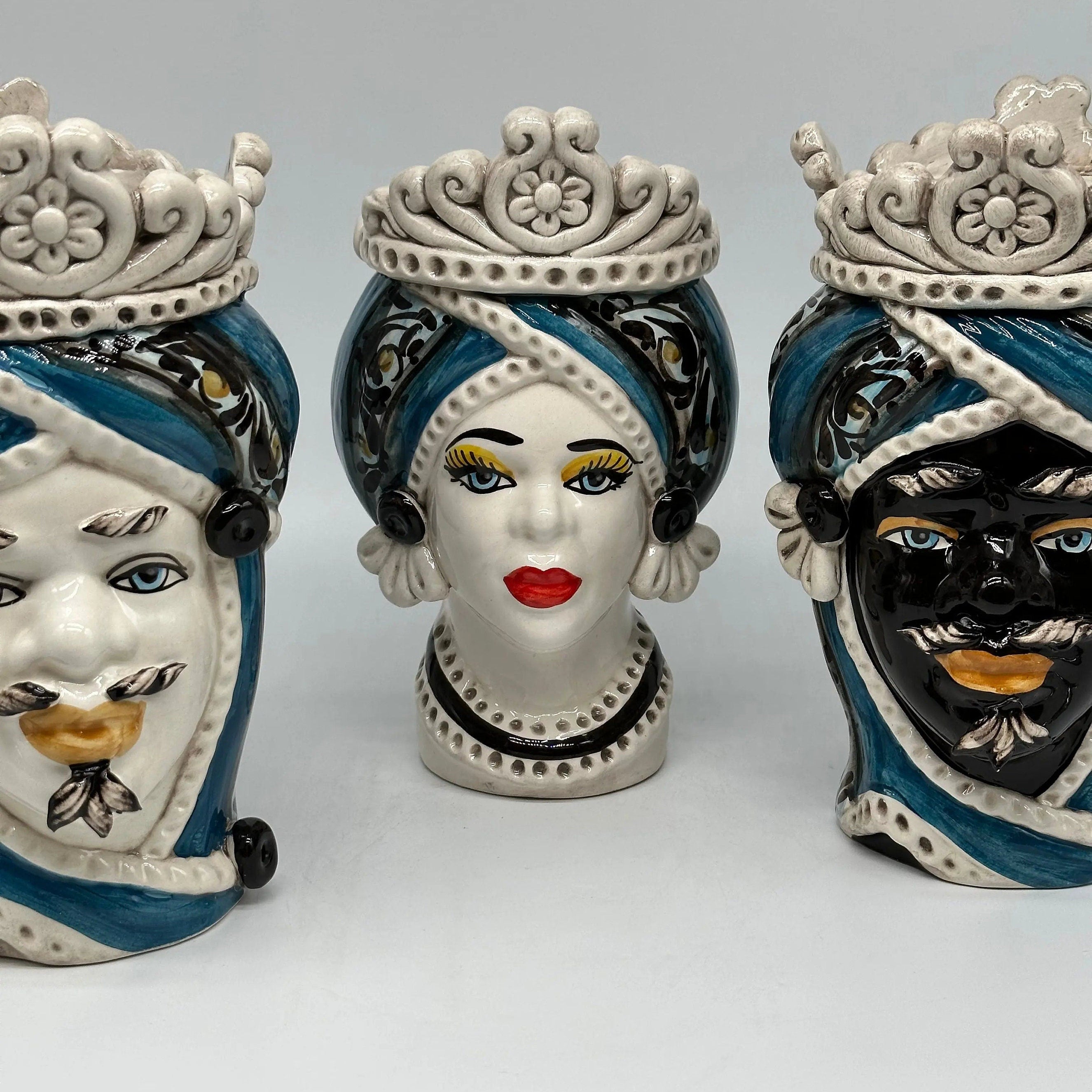 Teste di Moro Moresca Ceramica Caltagirone cm H.22 L.13 Artigianale Decorazione 2020 Blu DD CERAMICHE SICILIANE