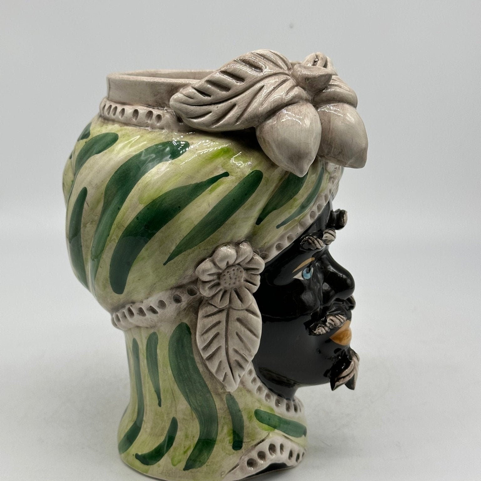 Teste di Moro Moresca Ceramica Caltagirone cm H.22 L.13 Artigianale Turbante Verde - DD CERAMICHE SICILIANE