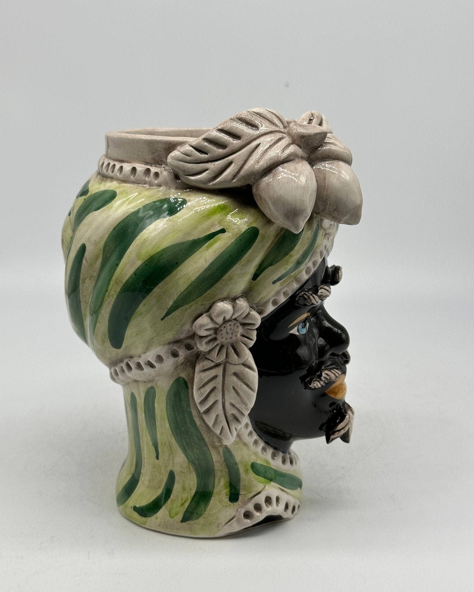 Teste di Moro Moresca Ceramica Caltagirone cm H.22 L.13 Artigianale Turbante Verde - DD CERAMICHE SICILIANE
