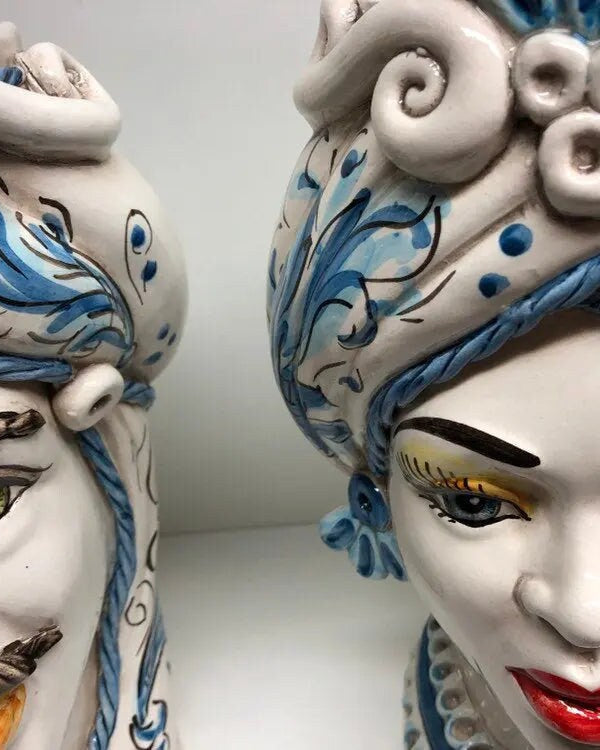 Teste di Moro Moresca Ceramica Caltagirone cm H.28 L.19 Artigianale Barocco Azzurro DD CERAMICHE SICILIANE
