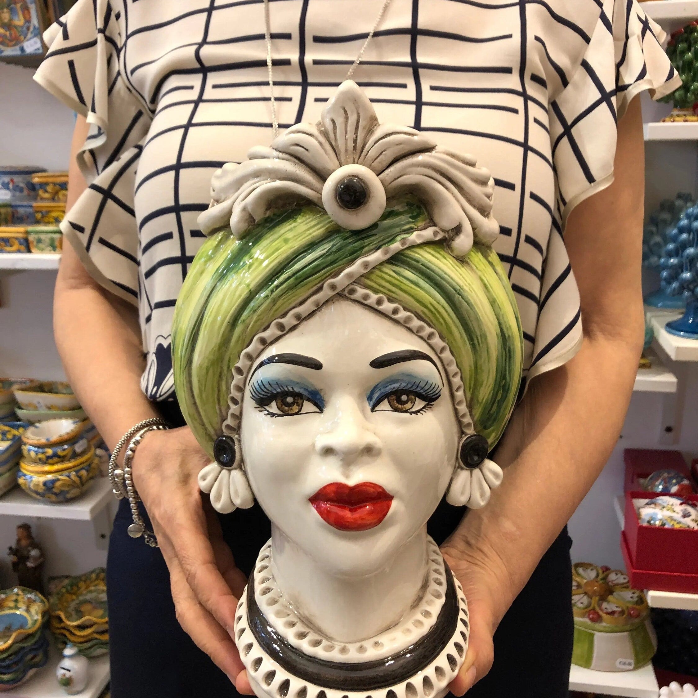 Teste di Moro Moresca Ceramica Caltagirone cm H.28 L.19 Artigianale Turbante Verde DD CERAMICHE SICILIANE