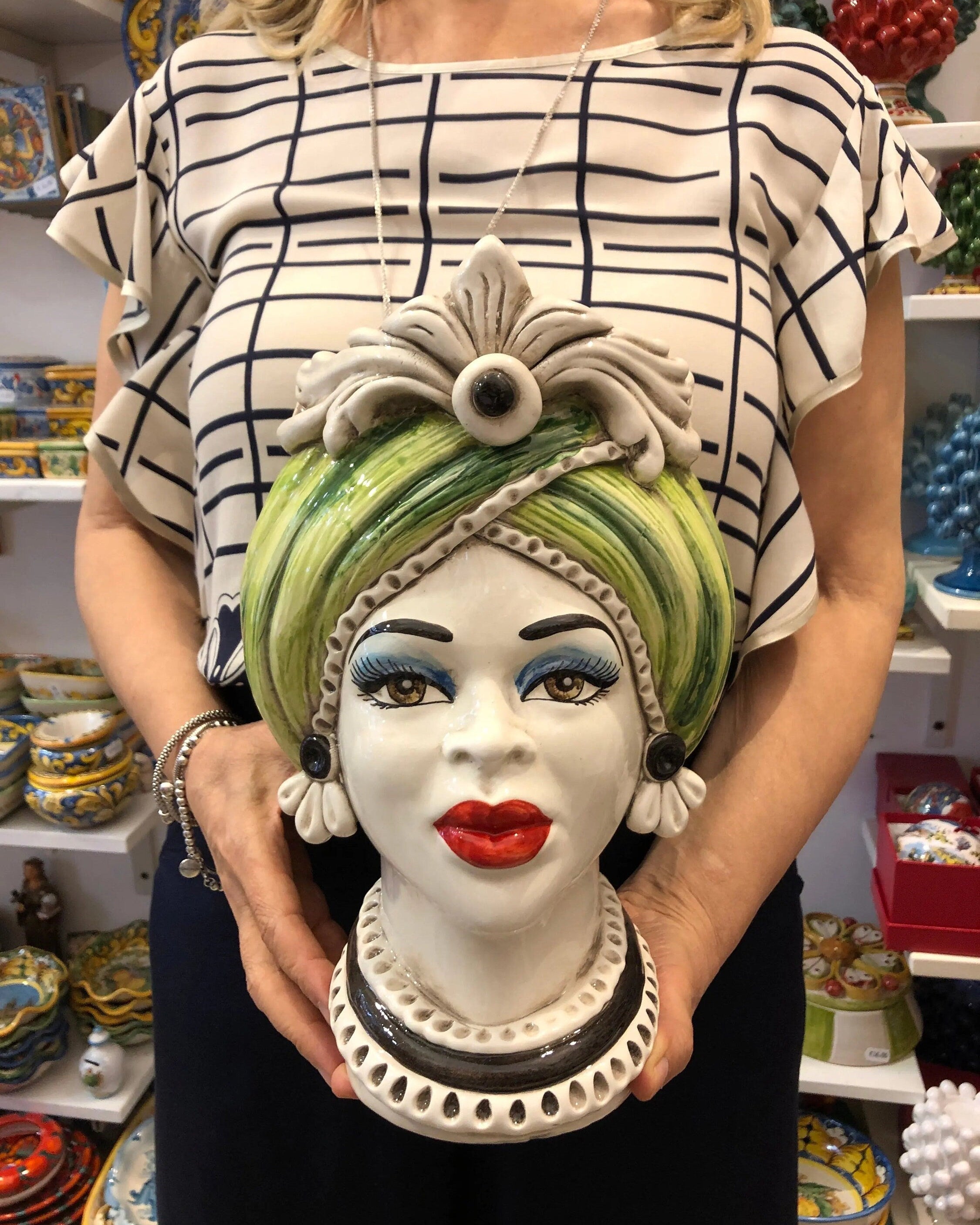 Teste di Moro Moresca Ceramica Caltagirone cm H.28 L.19 Artigianale Turbante Verde DD CERAMICHE SICILIANE