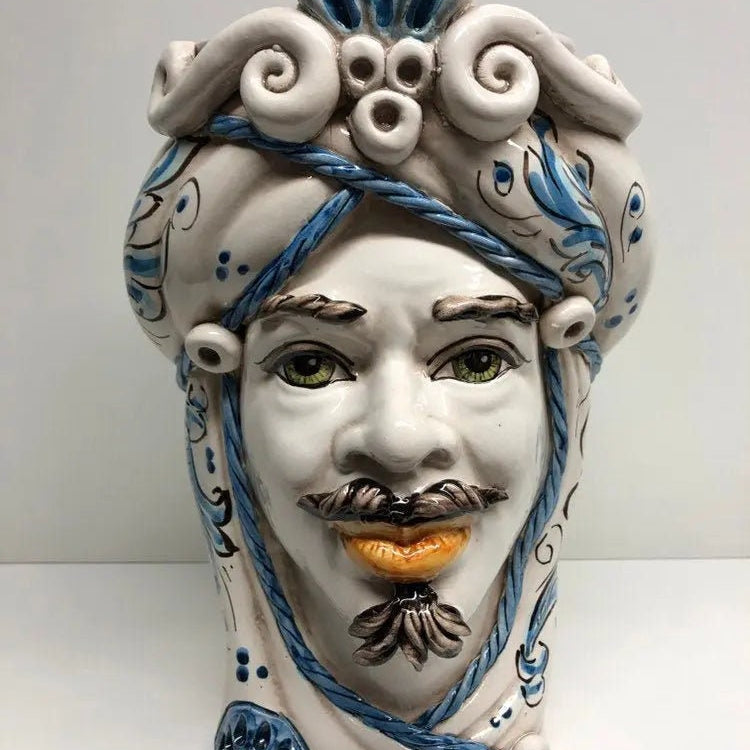 Teste di Moro Moresca Ceramica Caltagirone cm H.28 L.19 Artigianale Barocco Azzurro DD CERAMICHE SICILIANE