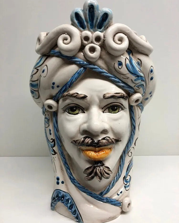 Teste di Moro Moresca Ceramica Caltagirone cm H.28 L.19 Artigianale Barocco Azzurro DD CERAMICHE SICILIANE