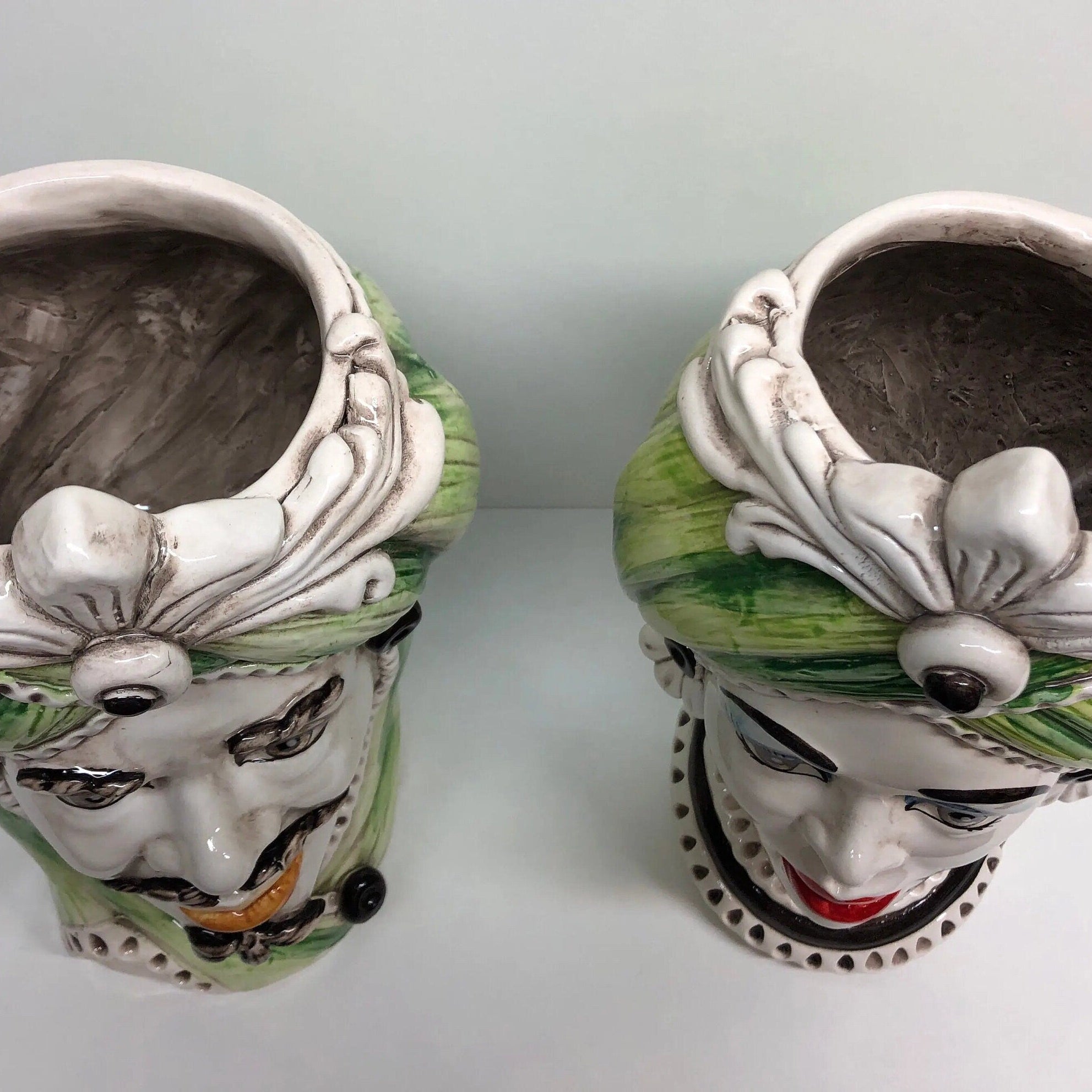 Teste di Moro Moresca Ceramica Caltagirone cm H.28 L.19 Artigianale Turbante Verde DD CERAMICHE SICILIANE