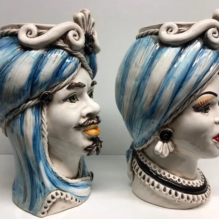 Teste di Moro Moresca Ceramica Caltagirone cm H.28 L.19 Artigianale Turbante Azzurro DD CERAMICHE SICILIANE