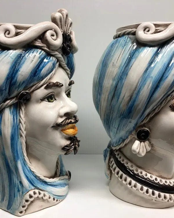 Teste di Moro Moresca Ceramica Caltagirone cm H.28 L.19 Artigianale Turbante Azzurro DD CERAMICHE SICILIANE