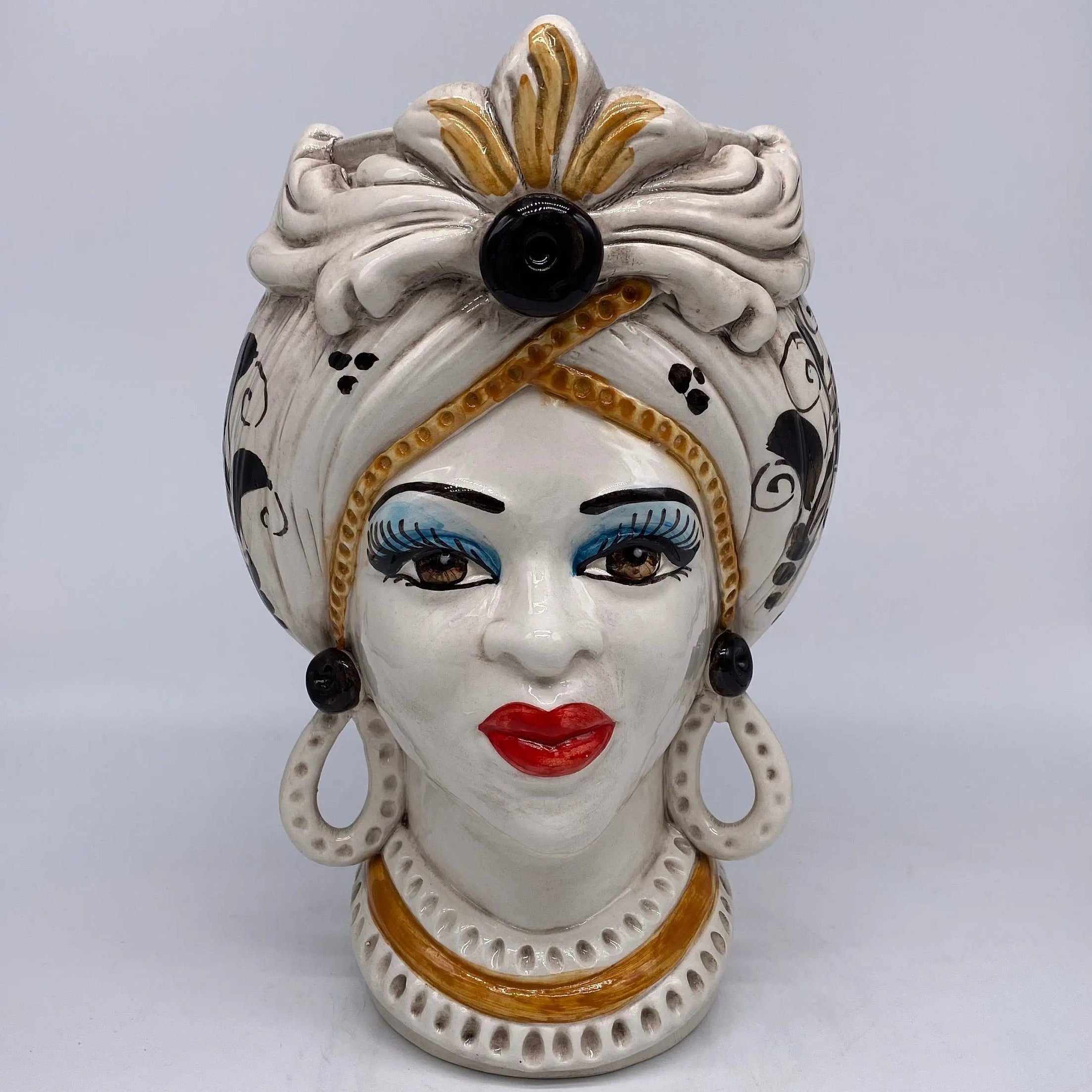 Teste di Moro Moresca Ceramica Caltagirone cm H.28 L.19 Artigianale Barocco Ocra DD CERAMICHE SICILIANE