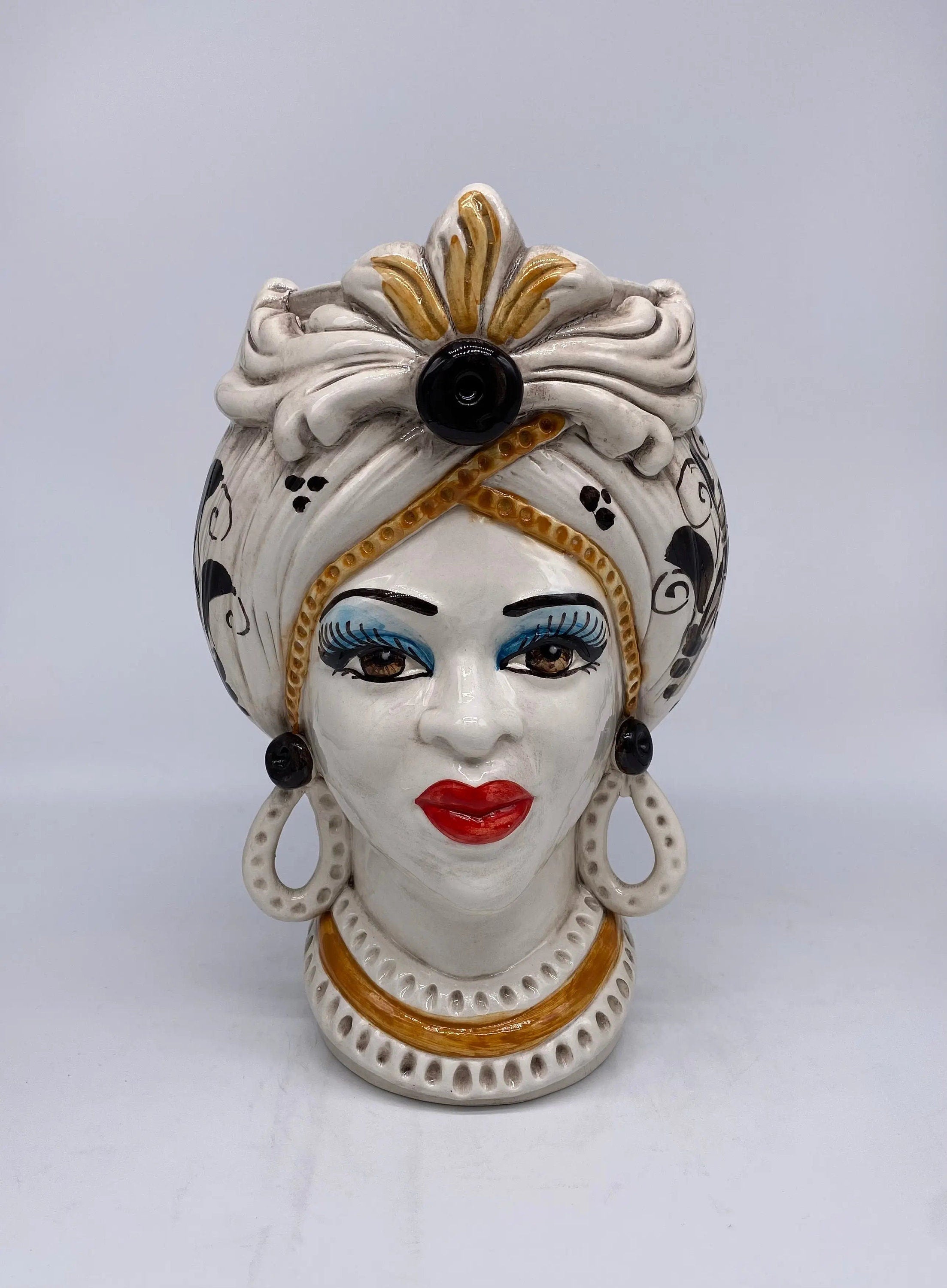 Teste di Moro Moresca Ceramica Caltagirone cm H.28 L.19 Artigianale Barocco Ocra DD CERAMICHE SICILIANE