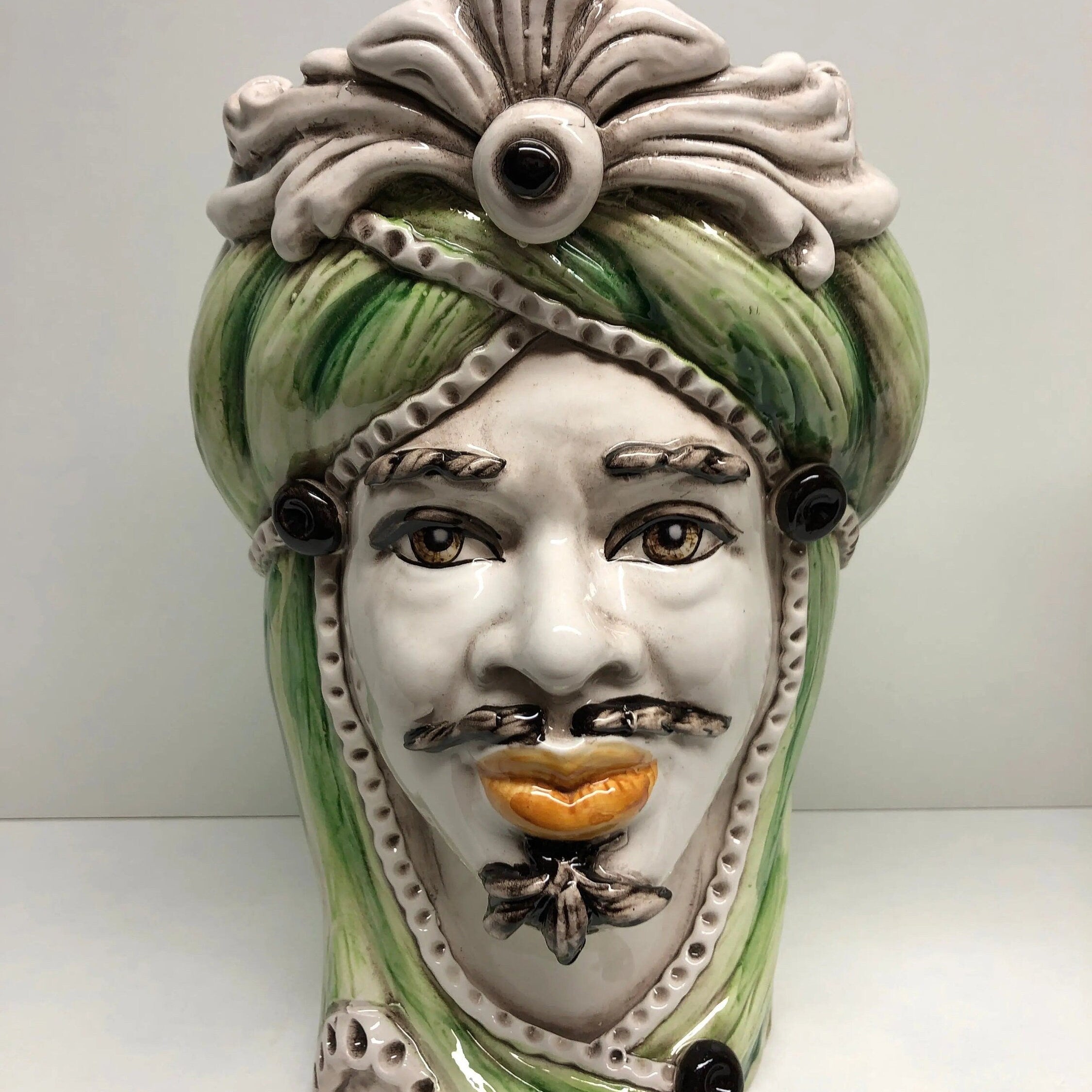 Teste di Moro Moresca Ceramica Caltagirone cm H.28 L.19 Artigianale Turbante Verde DD CERAMICHE SICILIANE