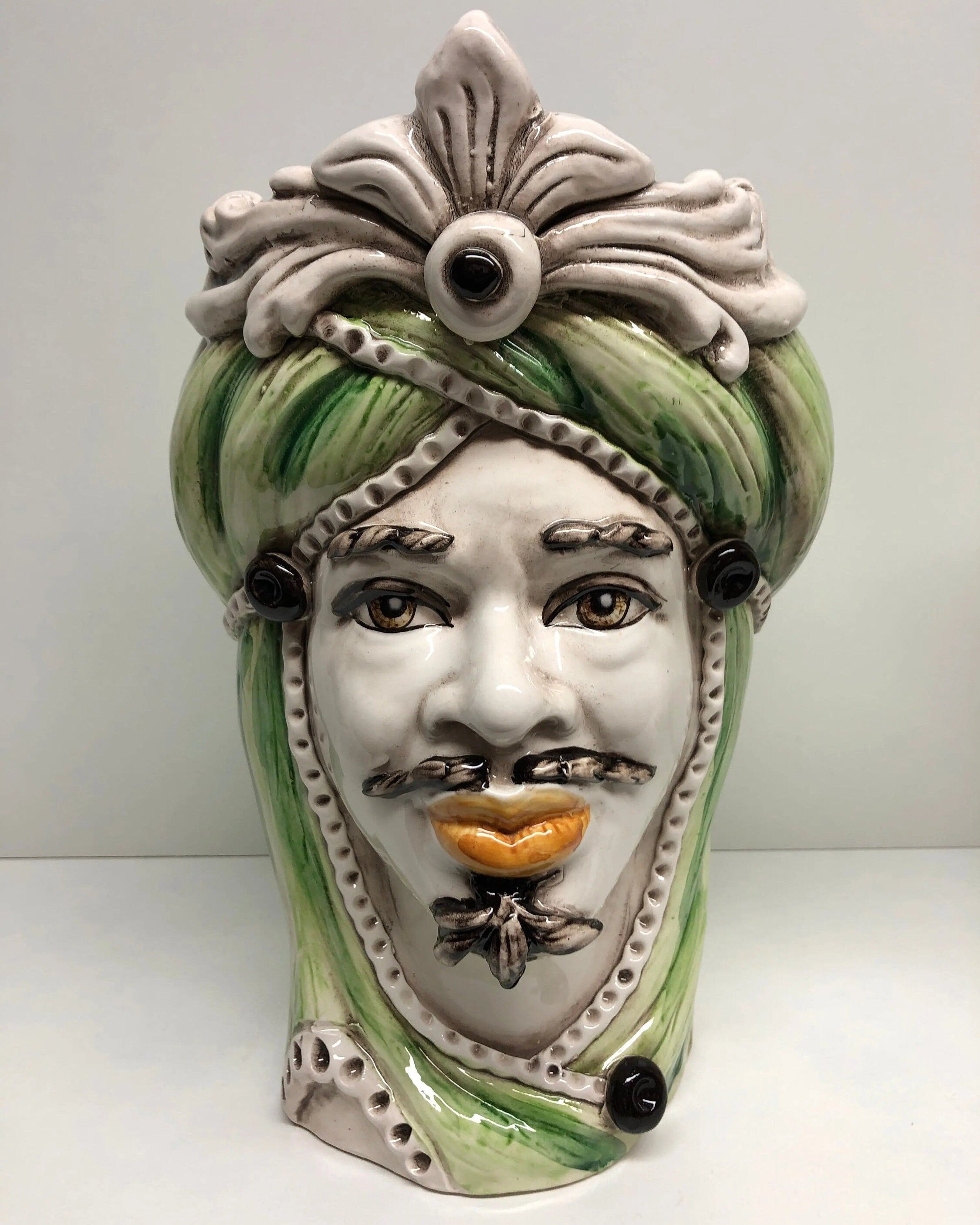 Teste di Moro Moresca Ceramica Caltagirone cm H.28 L.19 Artigianale Turbante Verde DD CERAMICHE SICILIANE