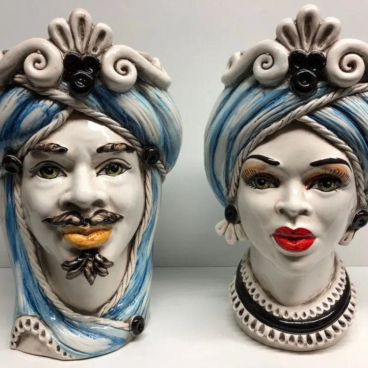 Teste di Moro Moresca Ceramica Caltagirone cm H.28 L.19 Artigianale Turbante Azzurro DD CERAMICHE SICILIANE