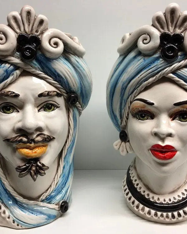 Teste di Moro Moresca Ceramica Caltagirone cm H.28 L.19 Artigianale Turbante Azzurro DD CERAMICHE SICILIANE