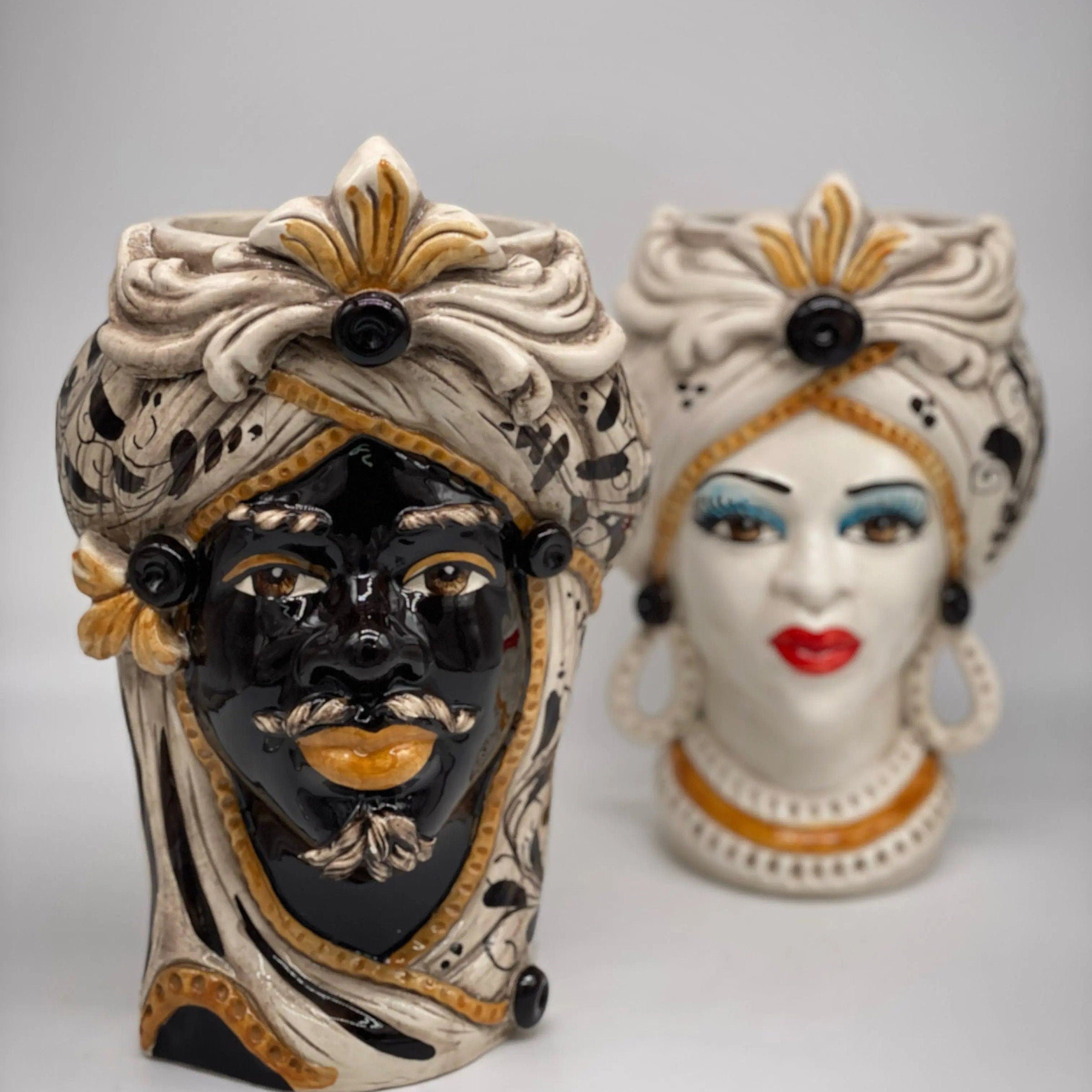 Teste di Moro Moresca Ceramica Caltagirone cm H.28 L.19 Artigianale Barocco Ocra DD CERAMICHE SICILIANE