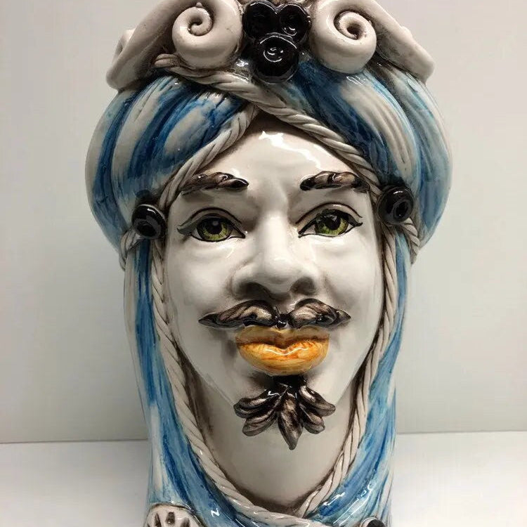 Teste di Moro Moresca Ceramica Caltagirone cm H.28 L.19 Artigianale Turbante Azzurro DD CERAMICHE SICILIANE