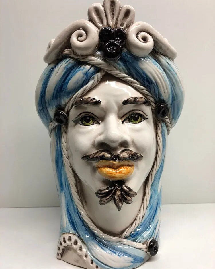 Teste di Moro Moresca Ceramica Caltagirone cm H.28 L.19 Artigianale Turbante Azzurro DD CERAMICHE SICILIANE