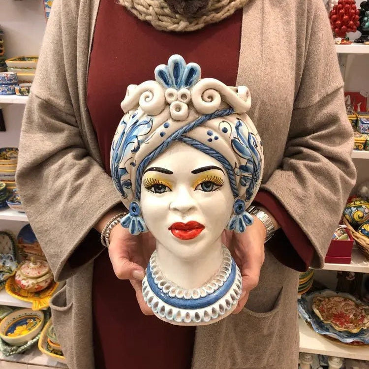 Teste di Moro Moresca Ceramica Caltagirone cm H.28 L.19 Artigianale Barocco Azzurro DD CERAMICHE SICILIANE