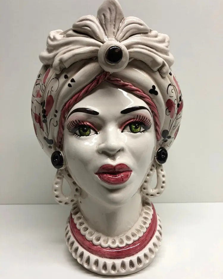 Teste di Moro Moresca Ceramica Caltagirone cm H.28 L.19 Artigianale Barocco Rosa DD CERAMICHE SICILIANE