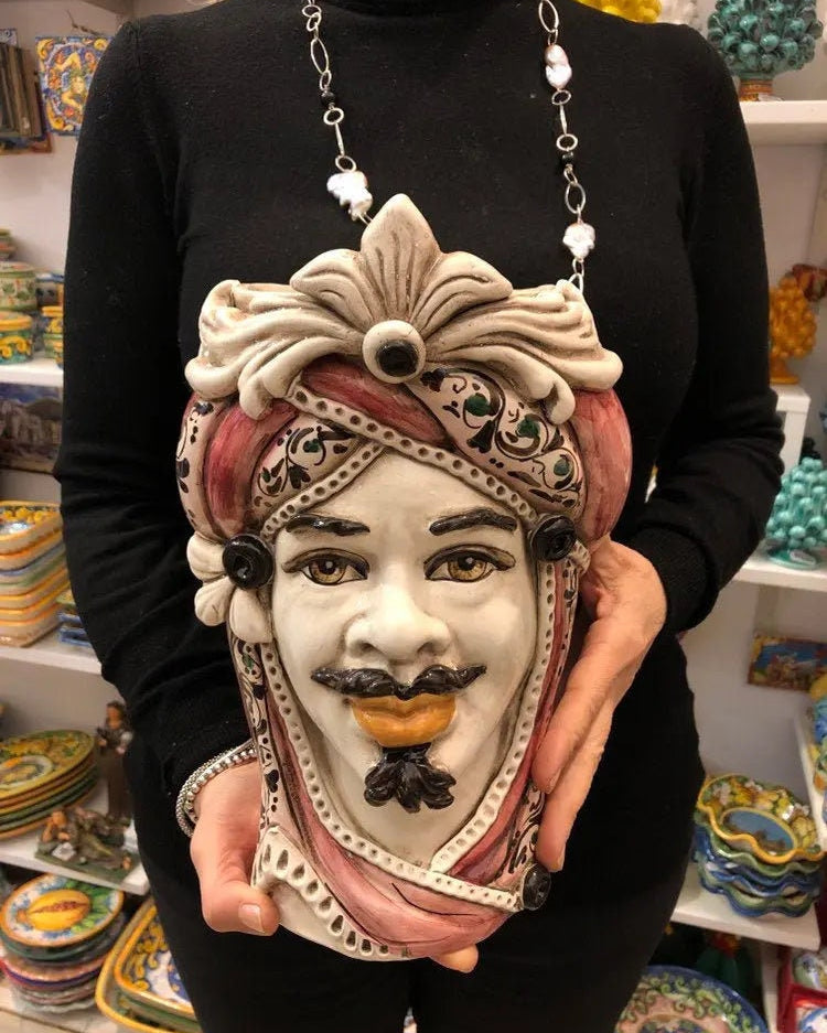 Teste di Moro Moresca Ceramica Caltagirone cm H.28 L.19 Artigianale Decorazione 2020 Rosa DD CERAMICHE SICILIANE