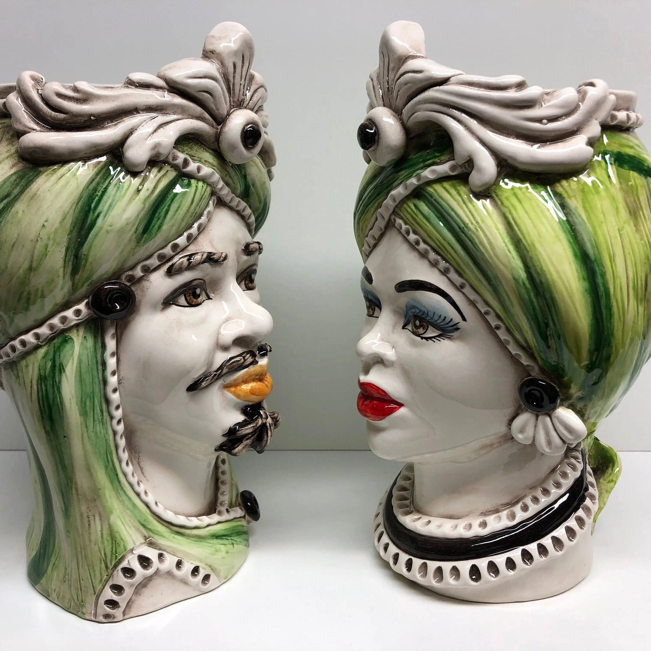 Teste di Moro Moresca Ceramica Caltagirone cm H.28 L.19 Artigianale Turbante Verde DD CERAMICHE SICILIANE