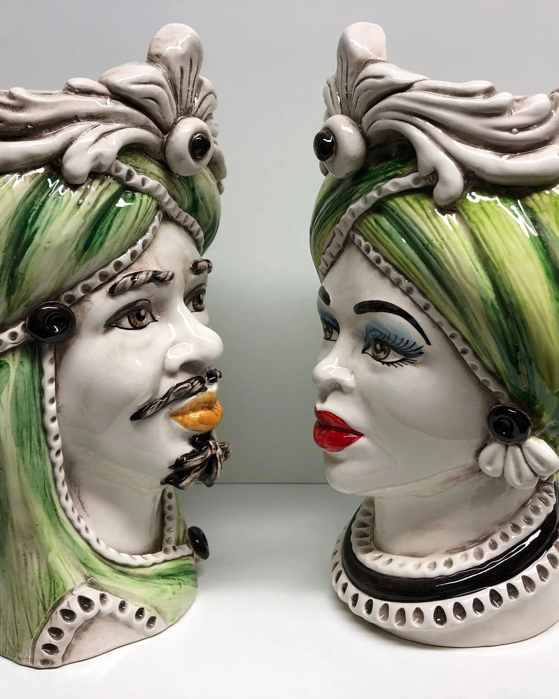 Teste di Moro Moresca Ceramica Caltagirone cm H.28 L.19 Artigianale Turbante Verde DD CERAMICHE SICILIANE