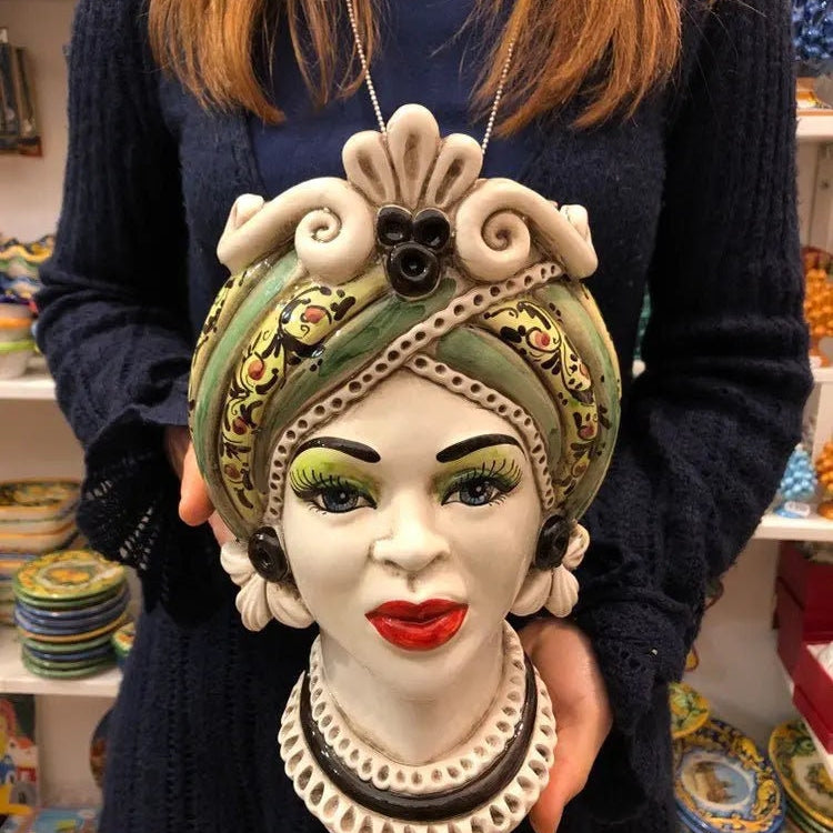 Teste di Moro Moresca Ceramica Caltagirone cm H.28 L.19 Artigianale Decorazione 2020 Verde DD CERAMICHE SICILIANE