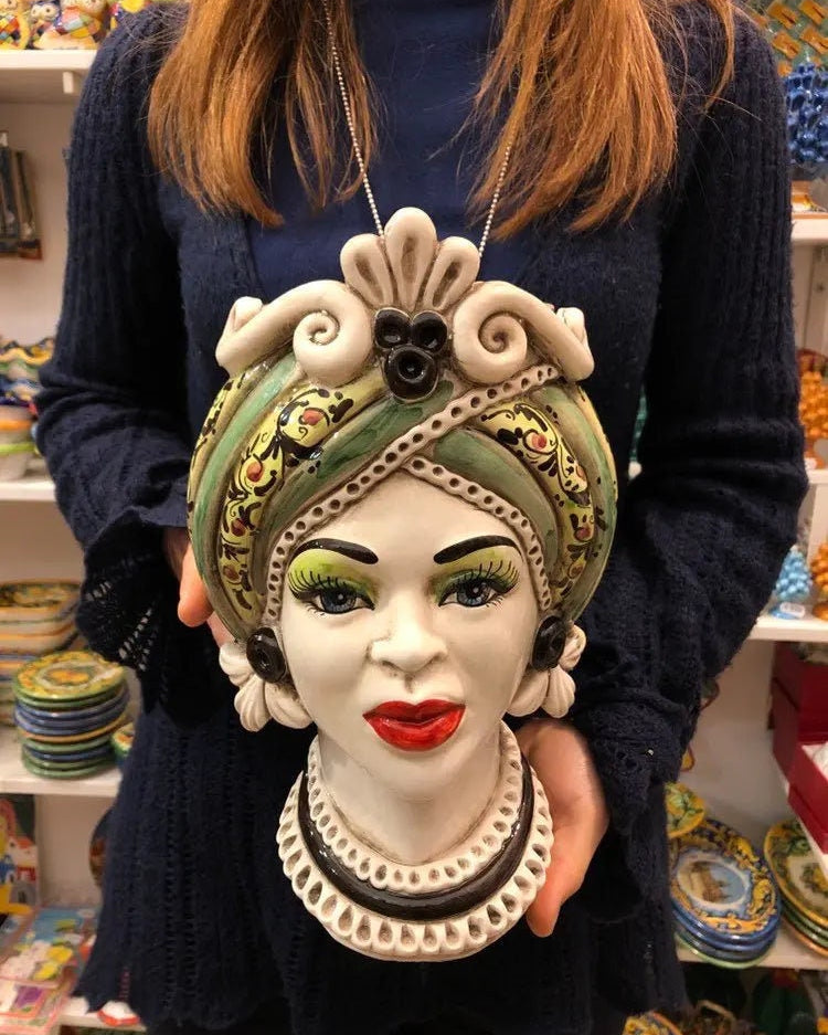 Teste di Moro Moresca Ceramica Caltagirone cm H.28 L.19 Artigianale Decorazione 2020 Verde DD CERAMICHE SICILIANE