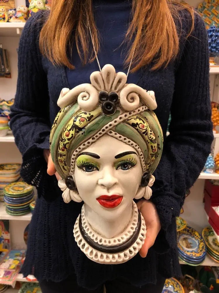 Teste di Moro Moresca Ceramica Caltagirone cm H.28 L.19 Artigianale Decorazione 2020 Verde DD CERAMICHE SICILIANE