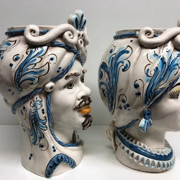 Teste di Moro Moresca Ceramica Caltagirone cm H.28 L.19 Artigianale Barocco Azzurro DD CERAMICHE SICILIANE