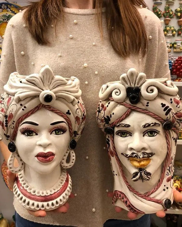 Teste di Moro Moresca Ceramica Caltagirone cm H.28 L.19 Artigianale Barocco Rosa DD CERAMICHE SICILIANE