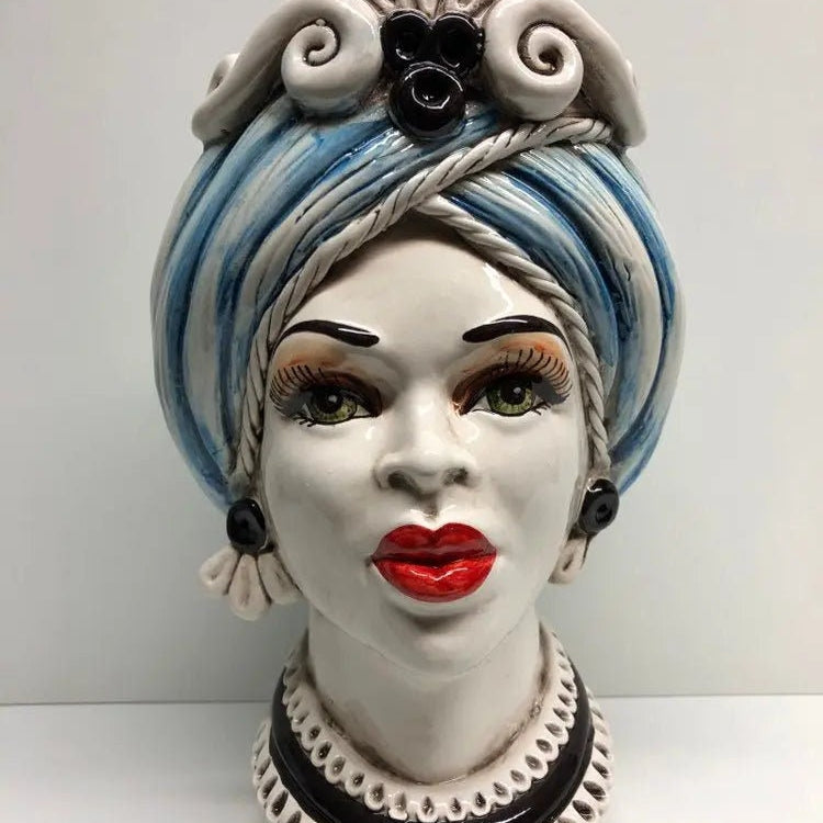 Teste di Moro Moresca Ceramica Caltagirone cm H.28 L.19 Artigianale Turbante Azzurro DD CERAMICHE SICILIANE