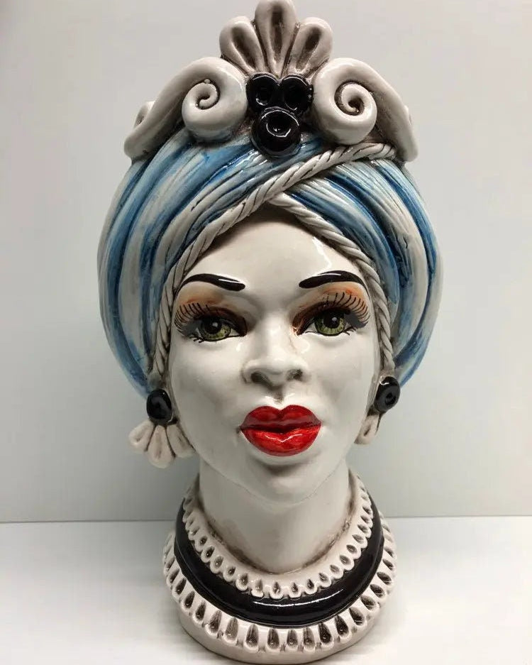 Teste di Moro Moresca Ceramica Caltagirone cm H.28 L.19 Artigianale Turbante Azzurro DD CERAMICHE SICILIANE